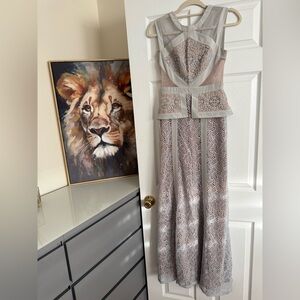 BCBGMaxAzria Light Gray and Blush Lace Overlay Maxi Dress